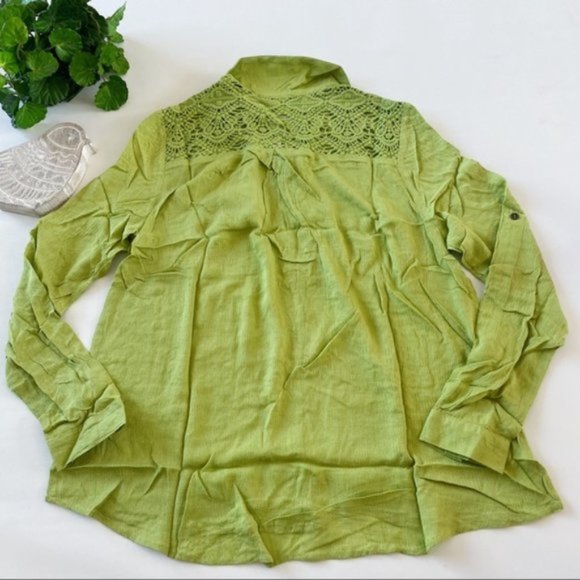 Entro | Vetiver Lace Up Crochet Back Top Lime Green New Crinkle Hi Low Medium - Picture 8 of 13